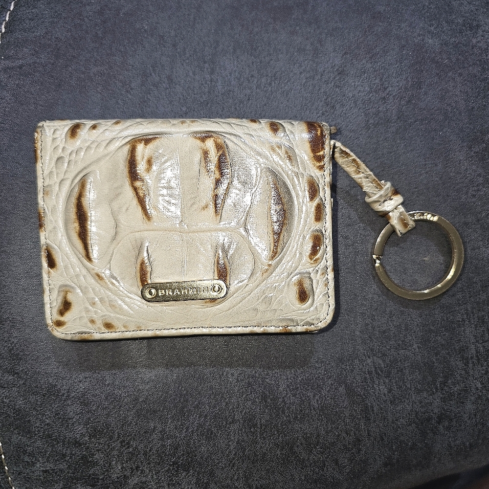 BRAHMIN MINI KEY BEIGE GOLD MELBOURNE Genuine LEATHER BI FOLD MINI WALLET ID